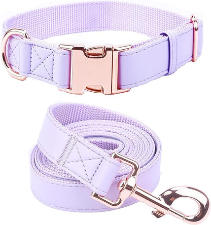 Dog Collar and Leash Set.Soft and Easy to Clean Vegan Leather with Rose Gold Metal Buckle for Small Medium Large Dogs (Light Purple, S(12.2"-16.9"))