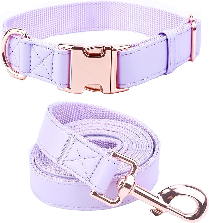 Dog Collar and Leash Set.Soft and Easy to Clean Vegan Leather with Rose Gold Metal Buckle for Small Medium Large Dogs (Light Purple, M(13.8"-19.7"))