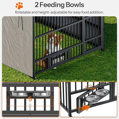 HOOBRO Outdoor Dog Kennel with Cover, 6.6 x 6.6 x 6.4 ft Dog Kennel Outside with Waterproof Roof and Rotating Feeding Bowls, Heavy-Duty Large Cage Enclosure, for Medium & Large Dogs, Black BK220GW03