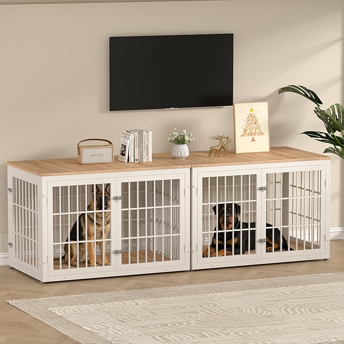 rehomerance 48 Inch Heavy Duty Dog Crate Furniture for Large Dogs, Decorative Pet House End Table, Extra Large Wooden Cage Kennel Furniture Indoor, Natural and White