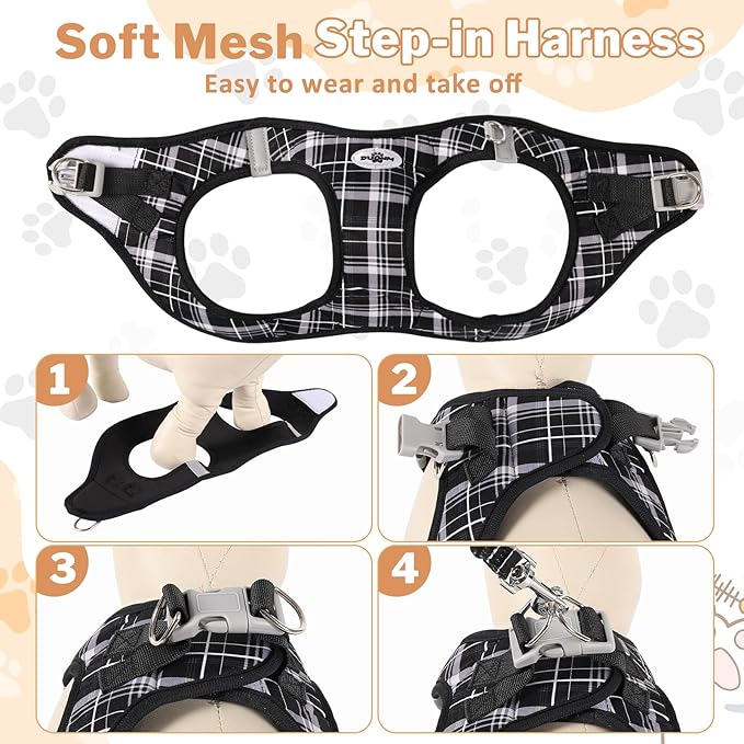 Gyuzh Small Cat Harness and Leash Set for Kitten & Puppy - 3-in-1 No Pull Step in Vest Collar, Lightweight Tactical Reflective Plaid, Padded Handle (Black, XS)