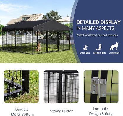 Outdoor Dog Kennel with Dog Fence for Medium/Small Dogs Anti-Rust Coating Cage with Roof All Weather Resistant Dog House with Double Locks