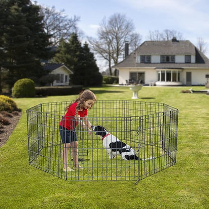 NEZUC Foldable Silver Metal Dog Exercise Playpen Gate Fence Dog Crate 8 Panels 30 Inch Height Puppy Kennels with Bottom Pad for Animals Outdoor Indoor (with Bottom pad, 8 Panels 30" H)