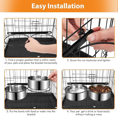 Dog Crate Water Bowls 2Pack, 40oz Stainless Steel Dual Hanging Pet Bowls, Wall-Mounted Dog Food & Water Feeder, Elevated Non-Spill Kennel Bowl Set for Medium & Large Dogs and Cats