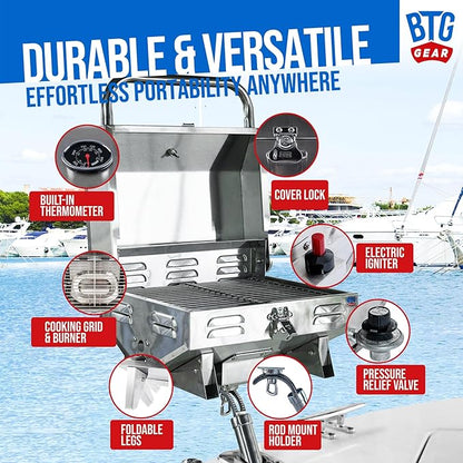 Tailwaves Marine Boat Grill w/Rod Holder Mount | Stainless Steel | Propane Boats & Tailgating & Camping | Built in Thermometer | Portable | Fold-away legs