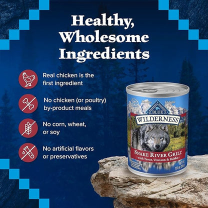 Blue Buffalo Wilderness Snake River Grill Natural High Protein Wet Food for Adult Dogs, Trout, Venison & Rabbit, 12.5-oz Cans, 12 Count