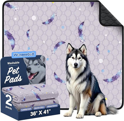 WanpeeGoo Washable Pee Pads for Dogs, 2Pack Reusable Puppy Pads, Super Absorbent & Leakproof Dog Pads, Anti-Slip Dog Pee Pads for Puppy Training & Incontinence, Feather Pattern 36"x41"