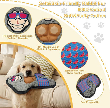 Grey Gorilla Plush Squeaky Dog Toy with TPR Muscles Puppy Teething Chew Toy Cute Soft Funny Stuffed Animal Interactive Fetch Tough Dog Toy for Small Medium Large Dogs Toy Gift 29cm/11.42in