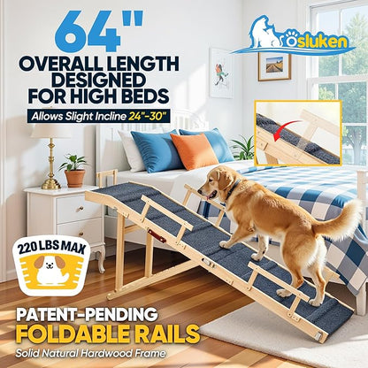 Dog Ramp for Bed with Rails, 64" Long Foldable Pet Ramp for Small Large Dogs, Dog Ramps for High Beds with Safety Side Railng, 6 Adjustable Heights 24" to 30" Up to 220LBS (Gray, 64" X 17inch)