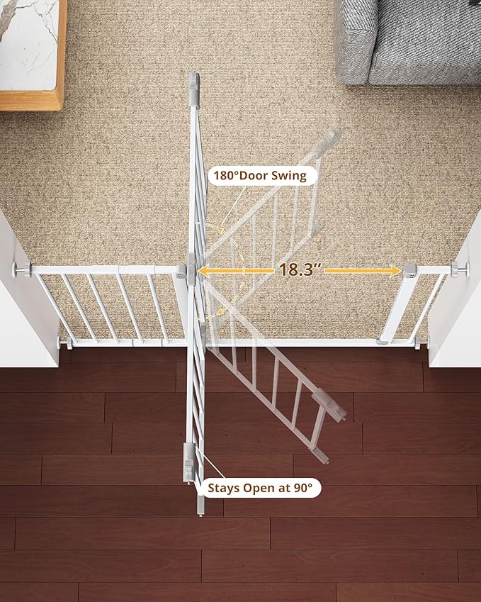 InnoTruth 28.9-42.1" Wide Baby Gate for Stairs & Doorways, 30" Tall Pressure Mounted Dog Gates for Stairs Expandable One-Hand Open, Easy Step Walk Through Dual Lock Metal Pet Gates for Dogs, White