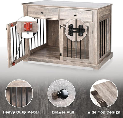 LEMBERI 44 Inch Large Dog Crate Furniture with 2 Storage Drawers, Wooden Dog Kennel Furniture as End Table, Decorative Pet Cage Dog House Indoor for Dogs