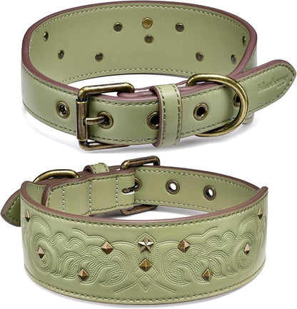 Blueberry Pet Premium Embossed Sage Green Glam Silver-Powered Freshness Microfiber Leather Dog Collar with Antique Brass Studs