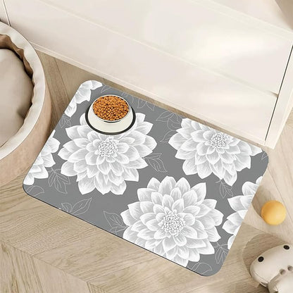 Dahlia Dog Cat Food Mat,Gray White Flowers Absorbent Pet Feeding Mat with Rubber Backing,Non-Slip Water Bowl Placemat,Indoor Pet Accessories Supplies 12"x20"
