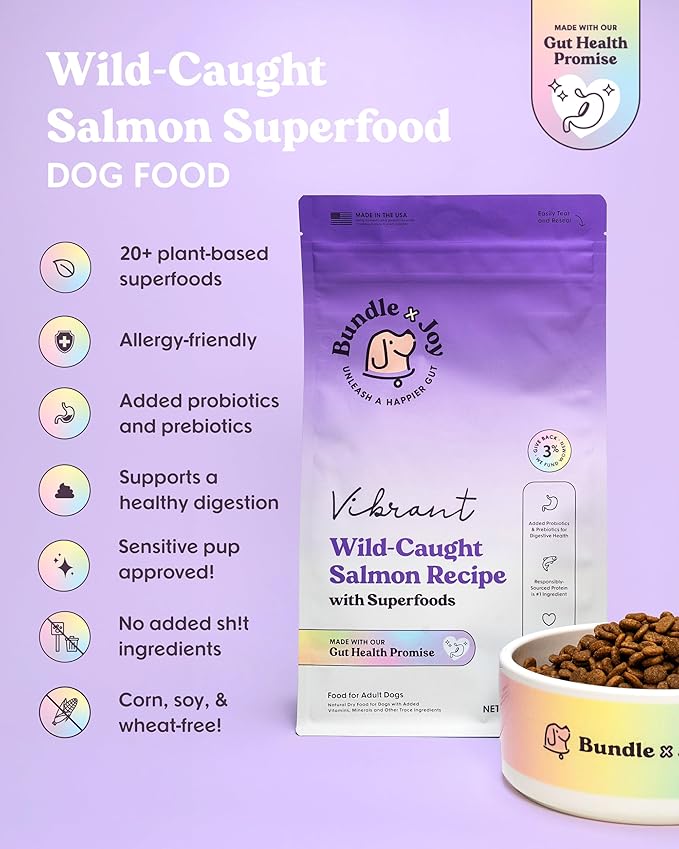 Bundle x Joy Vibrant Probiotic Dog Food Dry, Salmon, 24lb Bag, Allergy and Gut-Friendly Adult Kibble for Digestive Health with Wild-Caught Salmon, 20 Plant Based Superfoods, Grain x Poultry Free