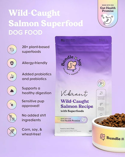 Bundle x Joy Vibrant Probiotic Dog Food Dry, Salmon, 24lb Bag, Allergy and Gut-Friendly Adult Kibble for Digestive Health with Wild-Caught Salmon, 20 Plant Based Superfoods, Grain x Poultry Free