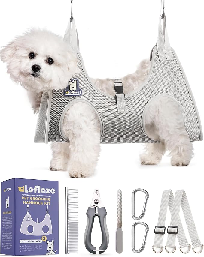 Loflaze Dog Grooming Hammock Harness for Dogs & Cats with Pet Nail Clipper Trimmer - Cat Hanger Sling for Trimming Clipping Nails- Dog Hammock Restraint Bag for Small Medium Large pet （ Grey S ）