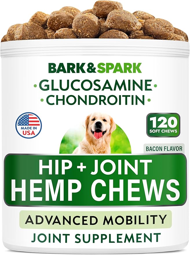 Bark&Spark Advanced Hemp Chews for Dog Joint Pain Relief - Glucosamine Chondroitin Hemp Treats Hip Joint Health - Joint Supplement Large Breed & Small - Treats Joints Old Senior Dog (120Ct/Bacon)