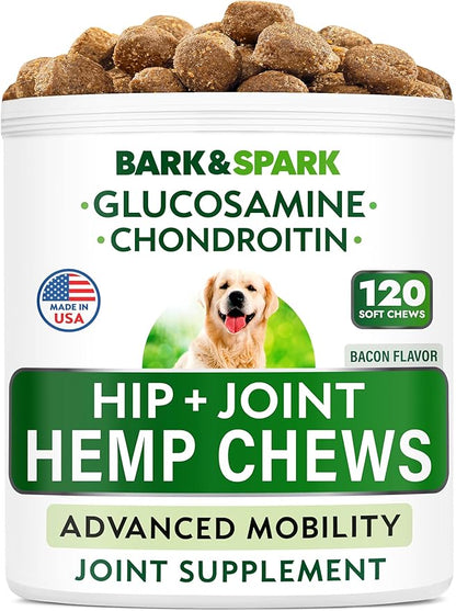 Bark&Spark Advanced Hemp Chews for Dog Joint Pain Relief - Glucosamine Chondroitin Hemp Treats Hip Joint Health - Joint Supplement Large Breed & Small - Treats Joints Old Senior Dog (120Ct/Bacon)