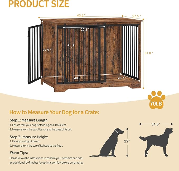 Hzuaneri 43.3" Dog Crate Furniture with Barn Door, Heavy Duty Dog Kennel Indoor with 2 Doors, Wooden Pet Cage End Table for Large Small Medium Dogs, Anti-Chew Anti-Escape, Rustic Brown DFC92301B