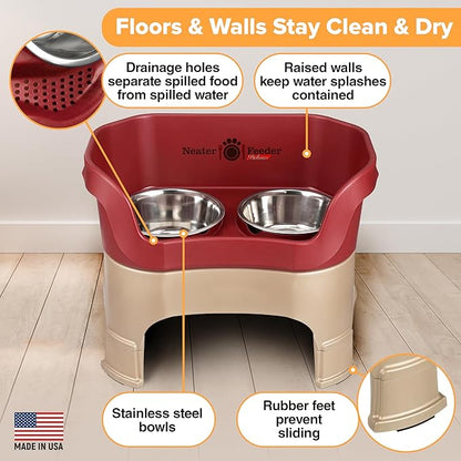 Neater Feeder Deluxe Mess-Proof Elevated Dog Bowls for Large Dogs (40+ lbs), 2 Height Adjustable (14.5” & 17.5”) No-Spill Raised Dog Bowl Stand, Stainless Steel Food Bowl Set, Made in USA, Cranberry