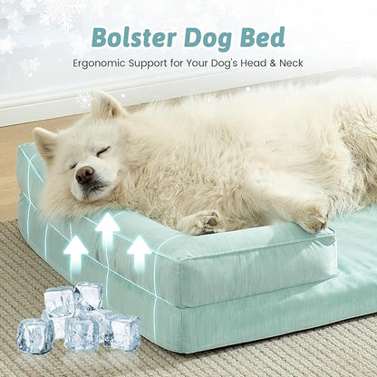 Cooling Dog Bed for Extra Large Dogs, Q-Max >0.4 Summer Cool Orthopedic Foam Pet Sofa Bed with Sides, Bolster Anti-Slip Couch with Washable Removable Cover, XXL 48x35x7.5 inch, Green