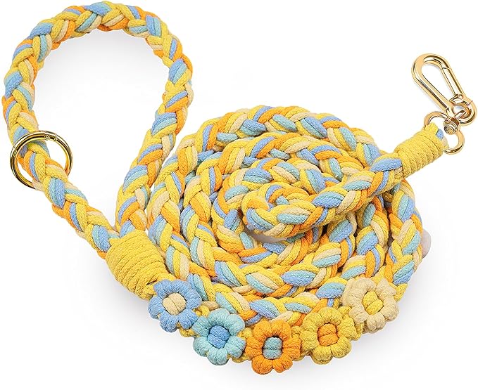 Handmade 5ft Braided Cotton Dog Leash with Unique Floral Handle, Durable and Stylish, Ideal for Small to Large Dogs(Sunshine Breeze)