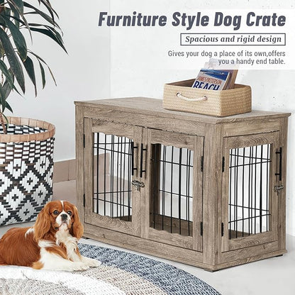 Upolana Dog Crate Furniture, 32 inch Medium Dog Crates with Bed Mat, Wooden Dog Kennel Furniture, End Side Table Dog Cage with 3 Doors, Greige