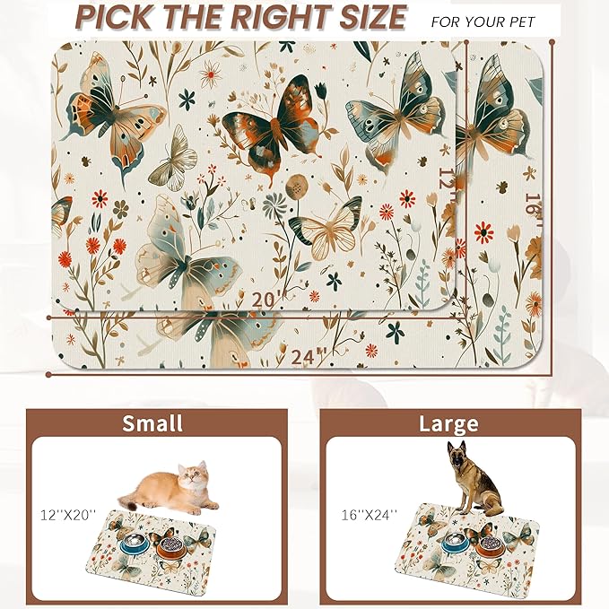Butterfly Dog Food Mat for Floors,Boho Garden Vintage Absorbent Pet Food and Water Bowl Mats,Non-Slip Pet Feeding Mat,Pet Supplies 16" x 24"