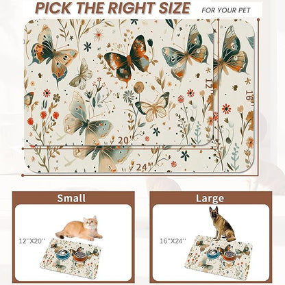 Butterfly Dog Food Mat for Floors,Boho Garden Vintage Absorbent Pet Food and Water Bowl Mats,Non-Slip Pet Feeding Mat,Pet Supplies 16" x 24"