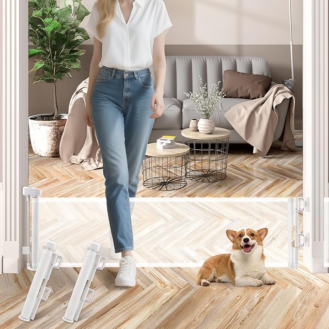 2 Packs Set 14" Tall Short Dog Gate to Step Over, Retractable Mesh Pet Door for Small Puppy, Extended up to 55" Wide for Indoor Stairs Doorways and Hallway(White)