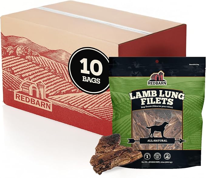 Redbarn Lamb Lung Filets - Oven Roasted Jerky-Style Dog Treats, Flavorful, Tasty & Highly Palatable Chews, Single Ingredient Protein – 10 oz, Case of 10 Bags