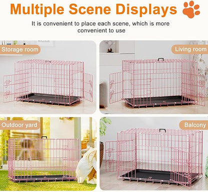 FDW 30inch Dog Crate Pet Cage with Metal Folding Design Plastic Tray Indoor Outdoor Dog Kennel Cage for Small and Medium Dogs,Pink