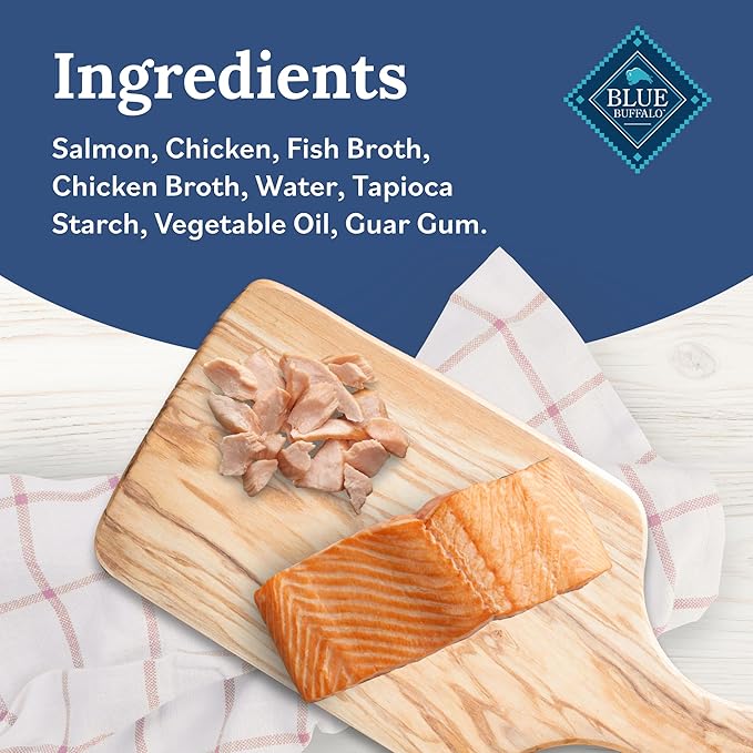 Blue Buffalo Tender Shreds Salmon & Chicken Toppers in Savory Broth, Natural Dog Food Complement, Salmon & Chicken, 2.5-oz. Pouch, 24-Count