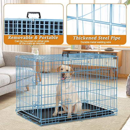 Dog Crate Dog Kennel Cage 42” Portable Foldable Indoor Outdoor Large Double Door Wire Metal Puppy Cat Pet Dog Cage with ABS Tray LC & Divider, Blue