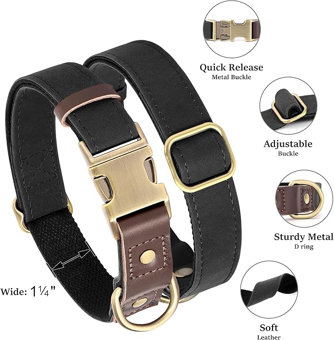 Didog Soft PU Leather Dog Collar for Large Dogs,Classic Adjustable Wide Dog Collars with Quick Release Metal Buckle,Easy Clean and Comfortable with Nylon Lining,Black,XL Neck 20-27", Width 1¼"