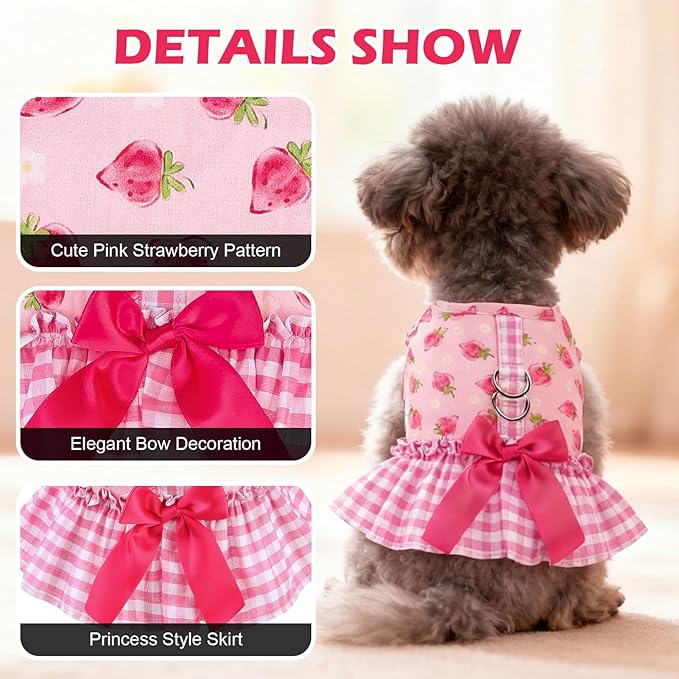 EXPAWLORER Dog Harness Small Medium Sized Dogs, Plaid Dog Dress Bowknot Harness and Leash Set, No Choke No Pull Soft Mesh Vest Cute Princess Puppy Outfits Clothes Costume for Girls Party Cats Pink S