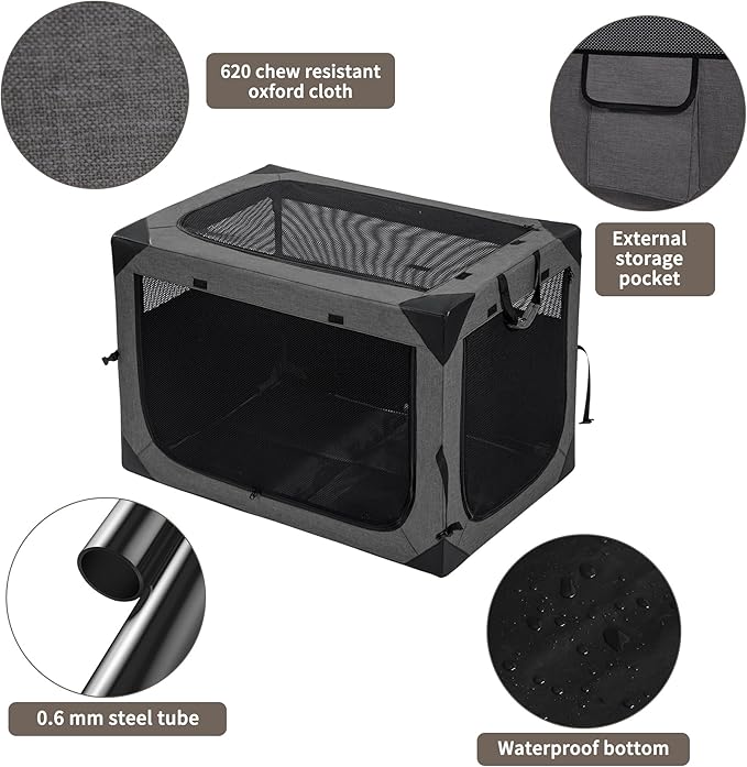 Hiaksedt Dog Crates - 36 Inch Collapsible Soft Dog Crate, 3-Door Foldable Soft Kennel for Large Dogs, Portable Pet Travel Cage with Chew Proof Mesh Window for Indoors & Outdoors（Dark Gray）