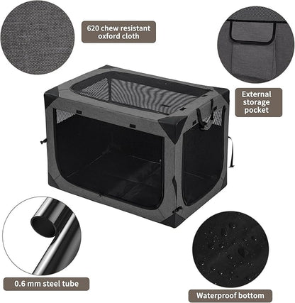 Hiaksedt Dog Crates - 36 Inch Collapsible Soft Dog Crate, 3-Door Foldable Soft Kennel for Large Dogs, Portable Pet Travel Cage with Chew Proof Mesh Window for Indoors & Outdoors（Dark Gray）