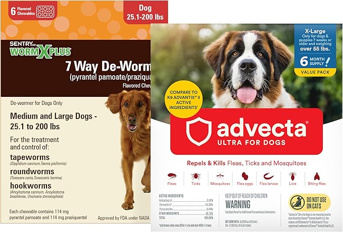 WORM X PLUS 7 Way DeWormer for Large Dogs Over 25 lbs (6 Count) + ADVECTA Flea and Tick Prevention for XL Dogs Over 55 lbs (6 Count) Bundle