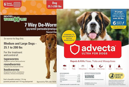 WORM X PLUS 7 Way DeWormer for Large Dogs Over 25 lbs (6 Count) + ADVECTA Flea and Tick Prevention for XL Dogs Over 55 lbs (6 Count) Bundle