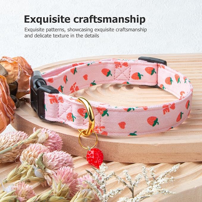 Cotton Handmade Dog Collar Cute and Distinctive Patterns Pink Strawberries with Pendant for Girl Boy Dogs Collars L