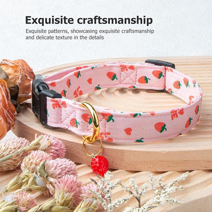 Cotton Handmade Dog Collar Cute and Distinctive Patterns Pink Strawberries with Pendant for Girl Boy Dogs Collars L