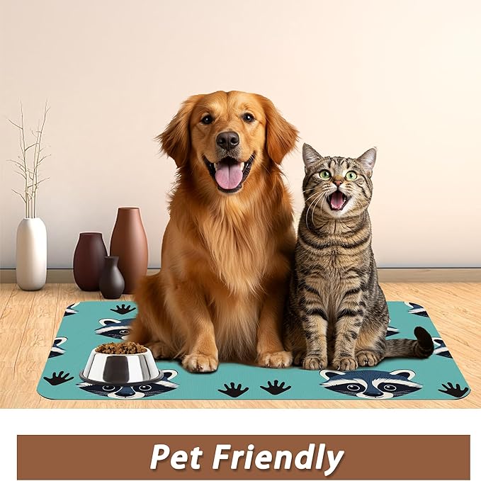 Cute Raccoon Dog Food Mat for Floors,Absorbent Pet Food and Water Bowl Mats,Non-Slip Pet Feeding Mat,Pet Supplies 16" x 24"