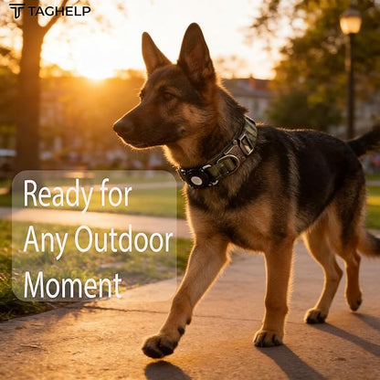 Never Lose Your Dog! AirTag Dog Collar with Waterproof Case | Tactical Collar for Large Dogs Featuring Military Handle & Durable Strap | Secure GPS Tracking for Apple AirTag (Camo, M)