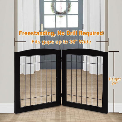 LZRS 2-Panel Freestanding Foldable Wood Dog Gate – Solid Wood & Steel Wire, Chew-Resistant Pet Barrier for Indoor Use, Ideal for Small to Medium Dogs, Black