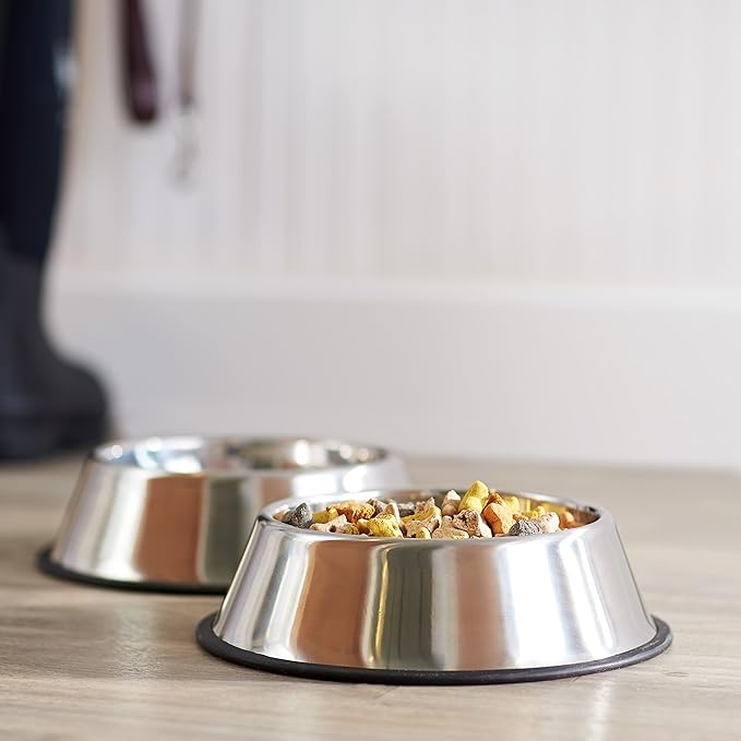 Amazon Basics Stainless Steel Non-Skid Dog Water And Food Bowls, Dishwasher Safe, Rust Resistant, 38oz Capacity, 10 x 2.8 Inches, 2-Pack