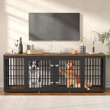 rehomerance 78 Inch Double Dog Crate Furniture, Heavy Duty Extra Large Cage Furniture with Divider for 2 Dogs, Decorative Wooden Kennel Furniture Indoor, Metal Pet House for Large and Medium Dogs