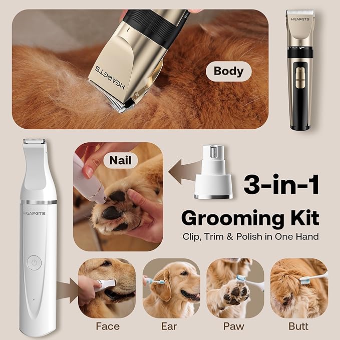 HEAPETS Dog Hair Clippers for Grooming Kit and Dog Paw Trimmer Nail Grinder for Grooming, Low Noise Rechargeable Cordless, Shaver Grooming Supplies for Pet Cats Dogs (Gold, White)