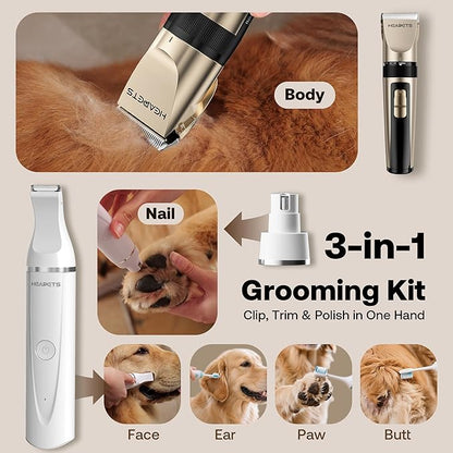 HEAPETS Dog Hair Clippers for Grooming Kit and Dog Paw Trimmer Nail Grinder for Grooming, Low Noise Rechargeable Cordless, Shaver Grooming Supplies for Pet Cats Dogs (Gold, White)