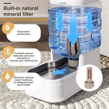 2 Pack Automatic Cat Feeder and Water Dispenser 1.3Gallon Dog Gravity Food Feeder and Water with Ice Pack Stainless Steel Dry Food and Waterer Bowl for Small Medium Large Pets (White)